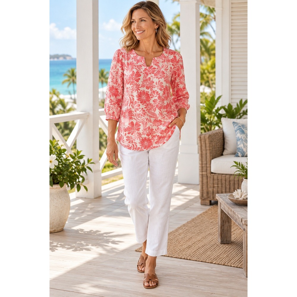 Coral Bay Floral Linen Blend Tunic Top XL Pink White Boho Coastal Tropical Beach